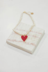 Red agate heart pearl necklace
