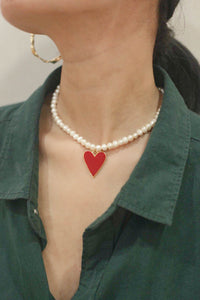 Red agate heart pearl necklace
