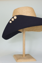 Tải hình ảnh vào Thư viện hình ảnh, Handmade raffia buttons on Romy wide brim hat from natural raffia and black cotton canvas