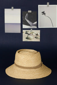 Audrey raffia fedora hat with pleats on brim
