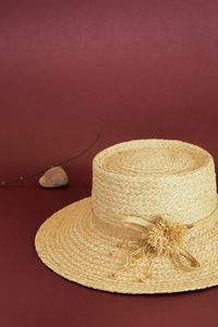 Gardenia raffia hat with flat crown and handmade floral pattern
