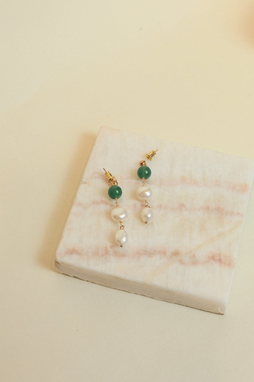 Meggie long drop pearl and jade earrings
