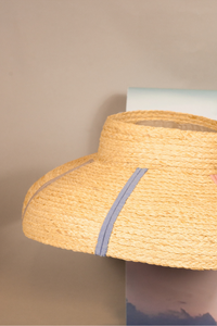 Rainbow raffia straw crownless hat with downturn brim 
