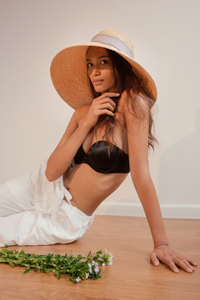 Bernadine raffia straw hat with silk laces at the back
