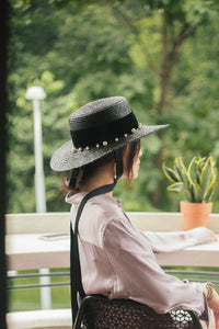 Vesper black raffia boater hat
